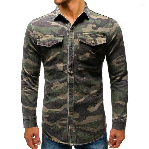 Herren lässige Hemden Hartes Guy Style Armee Green Camouflage Denim Shirt Langarm Hombre Outdoor Klettern Jean Tops Hochqualitäts Baumwolle