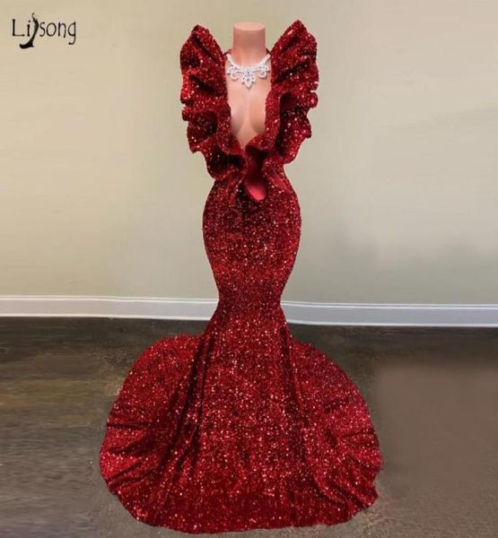 Lange funkelnde Promkleider 2021 Real Vneck ärmelless mermaid rüschen burgund afrikanische schwarze girls prom Kleiderkleider 2607518