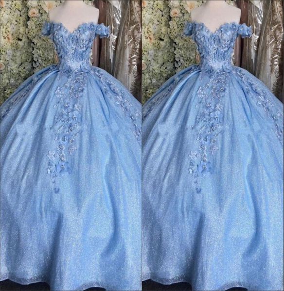 2023 Bling Tulle Bahama Blue Quinceanera платья с шариковыми платья с плеча 3D цветы хрустальные корсет назад