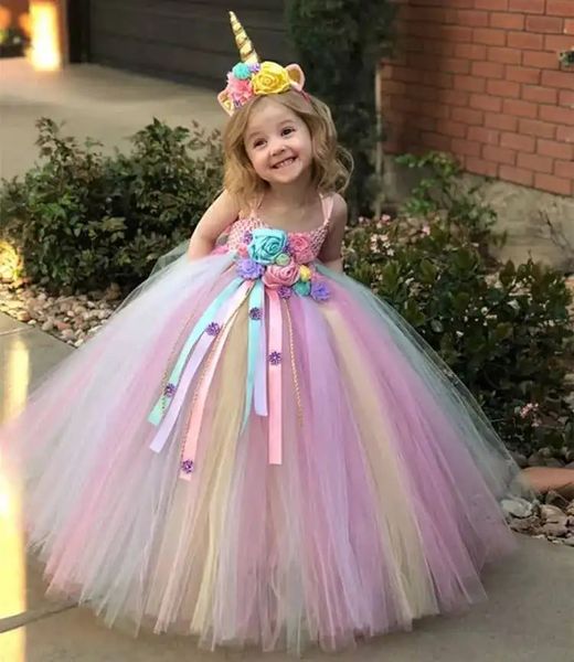 Платье-пачка пастельного цвета с единорогом для девочек, детское бальное платье с тюлевыми ремнями, связанное крючком, с лентами-ромашками, детский праздничный костюм 240321