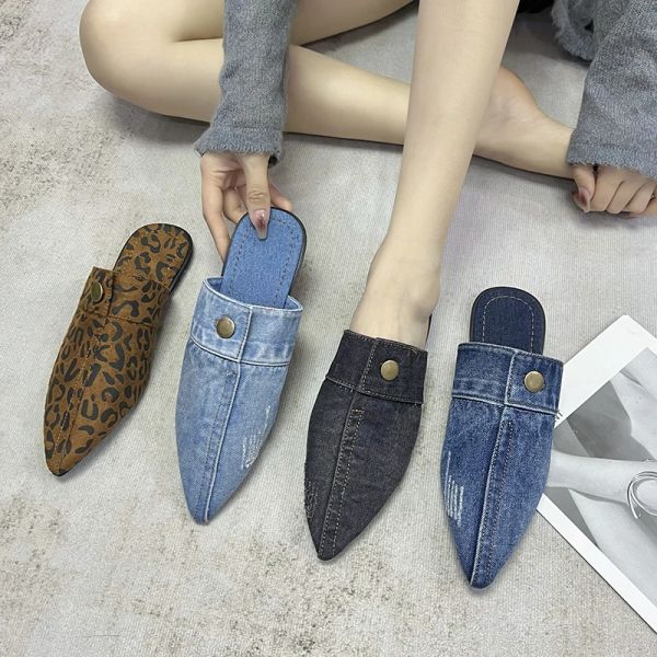 Hausschuhe 2023 Neue Damenschuhen speicherte Zeh -Jeans Blue Flat Slipper Slingbacks Damenschuhe Mode Sandalen Damen Casual Schuhe