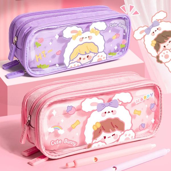 Casos Caixa de lápis fofa Kawaii Papelary Pencilcase Trousse Transparent Let Box Supplies Estocras Estuque para meninas