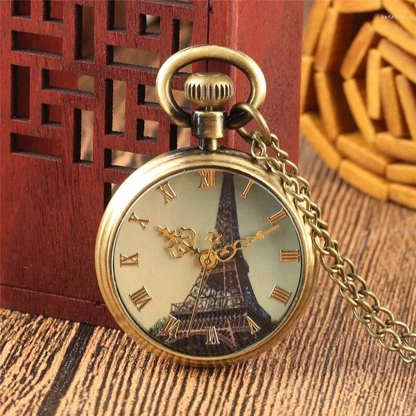 Taschenuhren Klassische Eiffelturm Zifferblatt Männer Frauen Quarzuhr Römische Ziffer Halskette Anhänger Kette Uhr Reloj De Bolsillo