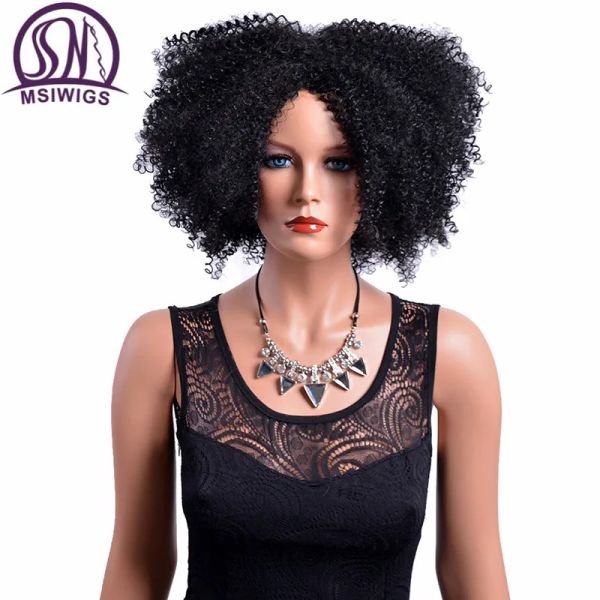 Perücken MSIWIGS Synthetische Frau Curly Perücke für schwarze Frauen Afroamerikaner Afro kurze schwarze Perücken hitzebeständige Ballaststoffe