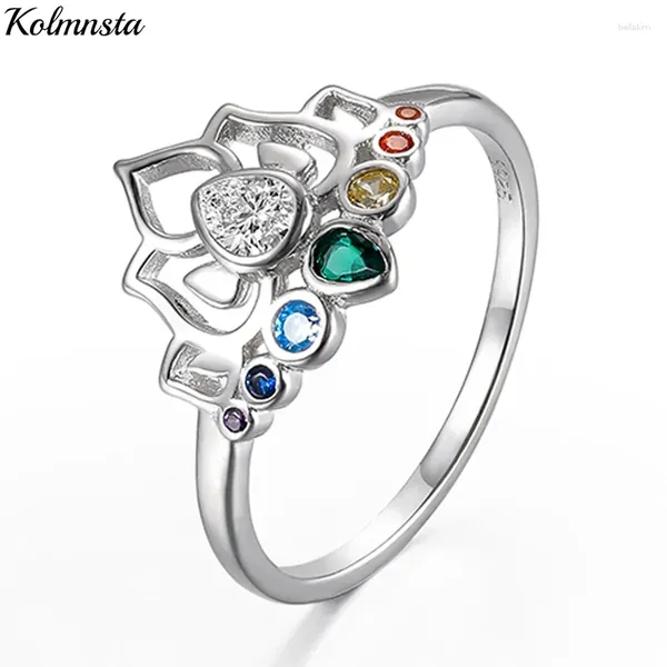 Anéis de cluster Kolmnsta 925 prata esterlina para mulheres vintage flor de lótus anel arco-íris colorido zircão casamento bandas finas jóias