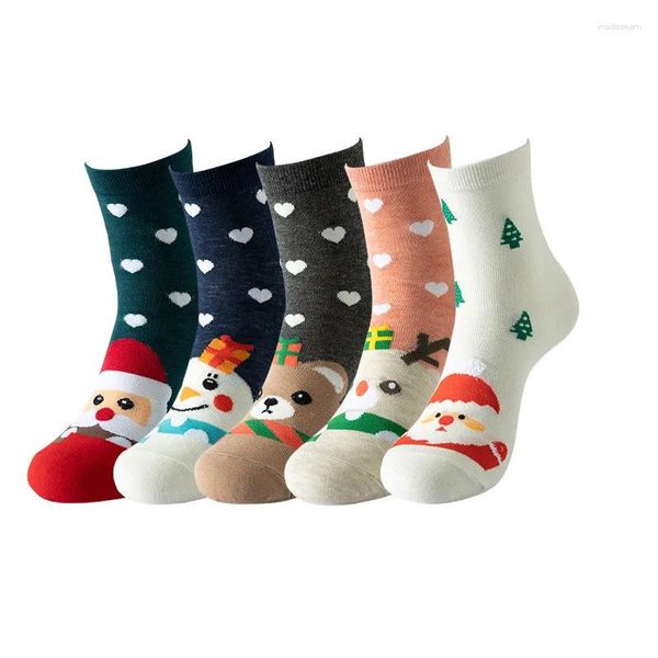 Женские носки 2024, осень/зима, теплые, средней длины, рождественские женские хлопковые носки с узором лося и снеговика, праздничный подарок