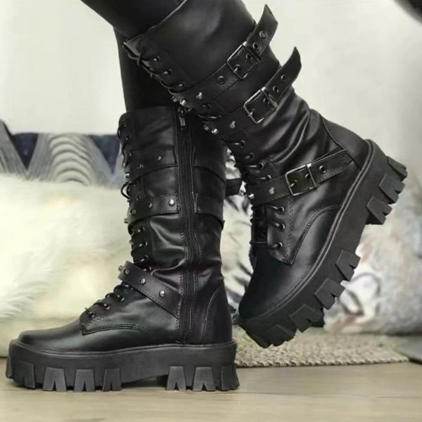 Boots Punk Boots Goth Women Motorcycle Boots Boots Chuncy Heel Shoes Rock Kpop Dark Brand Combat Boots Woman 2022