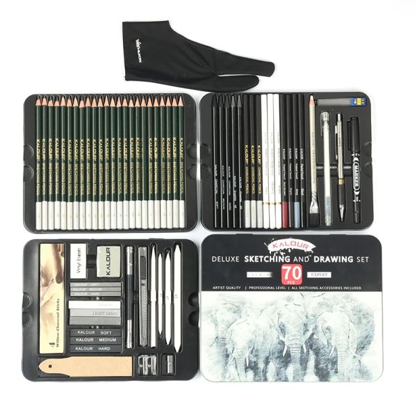 Sets professionell 12/70pcs Zeichnung Skizze Bleistift Set Metal Box Holzmalerei Künstler Kit Graphitkohlestick für Schulbedarf