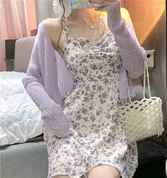 Sıradan Elbiseler Kadın Kore tarzı Kızlar Çiçek Spagetti Kayışları Yüksek belli yaz elbise esnekliği mini vestdios kadın seti y2k