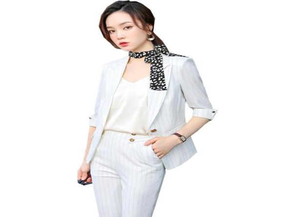 Women Office Ladies Pant Suit formelle 2 -teilige Set für Sommermodes schwarzweiß Aprikose Plusgröße gestreiftes Blazer und Hosen Frauen5812559