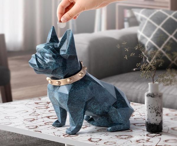 Estilo Europeu Geometria French Bulldog Resina Estátua Caixa de dinheiro Creative Home Decor Coin Storage Box Child Piggy Bank WX3 T20074944192