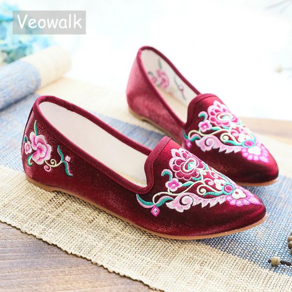 Planos veowalk artesanal mulheres primavera bela bordado folclórico Ballet Flats Comfort Sapatos de lona macia para mulher Old Pequim sapatos planos