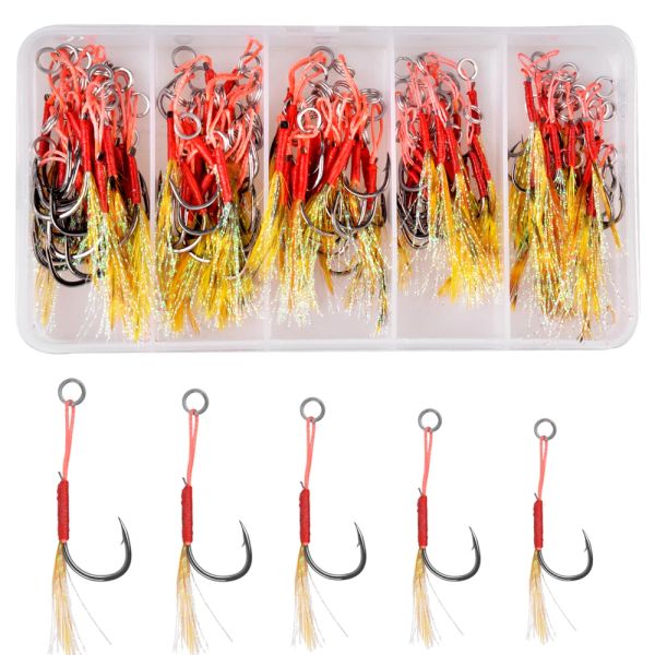 Anzóis 70/100 peças gancho de assistência de pesca lento jigging isca de metal gancho baixo farpado mosca anzóis amarrando ganchos com equipamento de penas