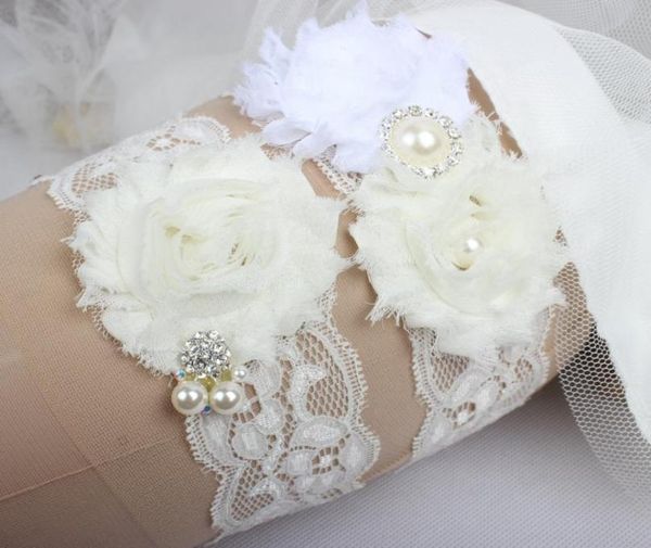 Ligas de casamento para noiva nupcial marfim perna ligas cinto conjunto rendas strass cristais plus size chiffon flores feitas à mão em stock4329738