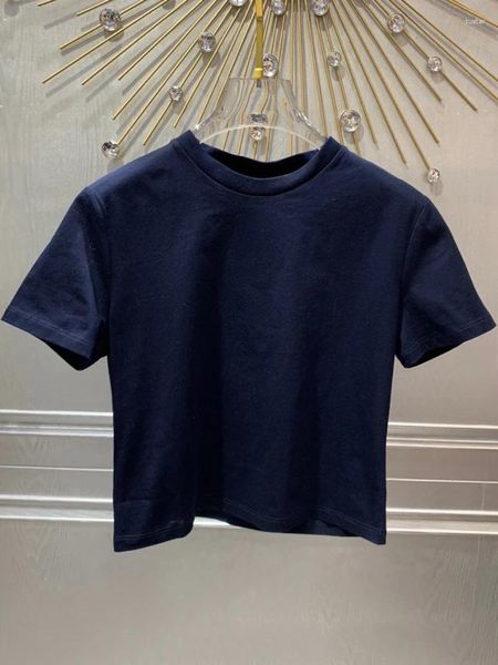 Frauen T-Shirts reines Baumwollblau-T-Shirt für Frauen hochwertige Feste Farbe Top 2024 O-Neck Stickerei Streetwear Kurzarm Ernte-T-Shirts