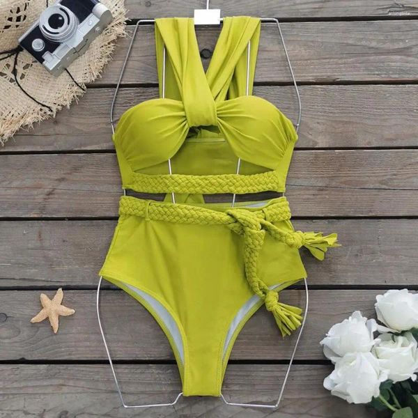 Costumi da bagno femminile intrecciata intrecciata intrecciata in bikini da bagno in vita alta con cintura le donne tagliate a due pezzi da bagno spingendo su estate femmina