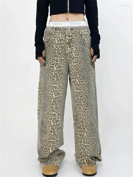 Jeans femminile retrò leopardo stampato ad alta vita in stile neutro bagliore per la ragazza pantaloni a gamba femminile