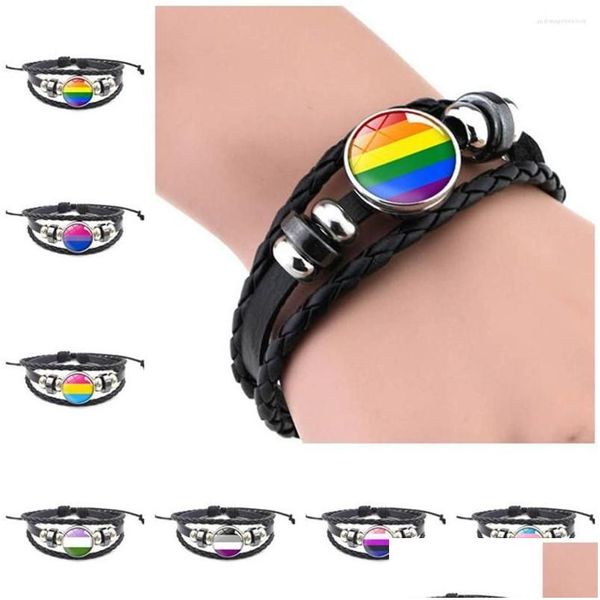 Charm Bracelets LGBT Lederarmband Gay Pride Regenbogen Glasschnappknopf handgefertigtes Wickel geflochten