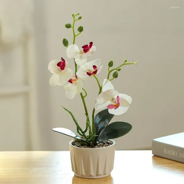 Декоративные цветы Два вилка 5 Phalaenopsis Bonsai Green Plant Simulation Pot Керамический искусственный дом в помещении