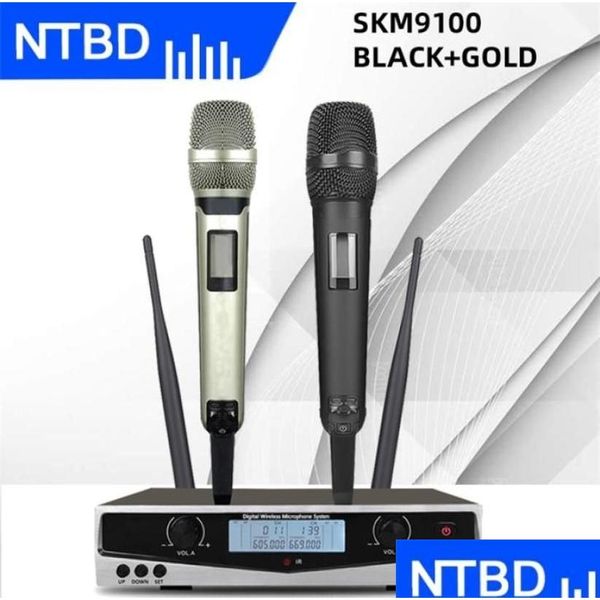 Микрофоны NTBD SKM9100 Стальная производительность Home KTV Высококачественный UHF Профессиональная двойная беспроводная микрофонная система динамическая динамика DELANC DHR0K