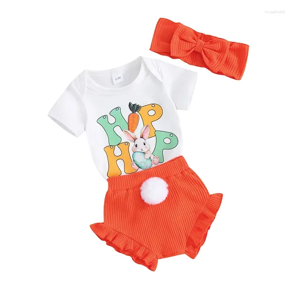 Kleidung Sets Säuglinge Baby Girls Osteroutfits Sommer Kurzarm Strampler Shorts Stirnband 3pcs Set Born Clothes