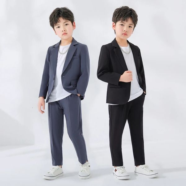 Дети сплошной пиджак брюки костюмы для мальчиков смокинг в смокинге формальные платья наборы одежды для детей мода британский костюм подросток для отдыха 240328