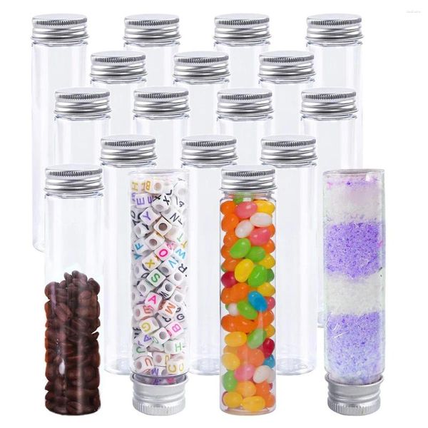 Decoração de festa 15pcs 110ml Tubos de ensaio de plástico limpos Tubos planos com tampas de parafuso para decoração de feijão de doce