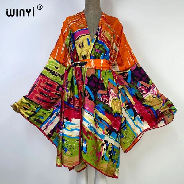 Winyi Summer Wear Beach Swim Swim Tampa Kaftan Sweet Lady Boho Cardigan Stitch Auto -cinto de férias sexy de manga longa Kimono vestido 240323