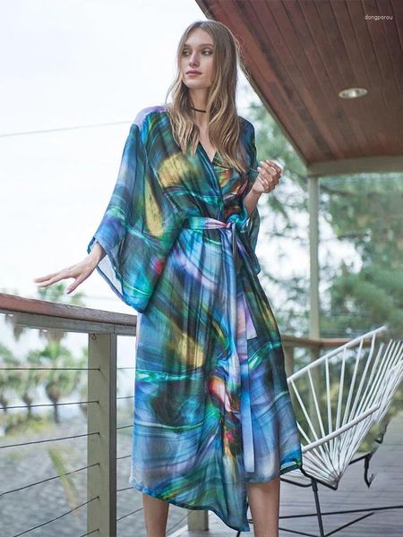 Decisão rápida boho verde Kimono Tunic Bathing Suit Cover Up Plus Size Women Women Elegant Dress Dress Summer Beachwear Q942