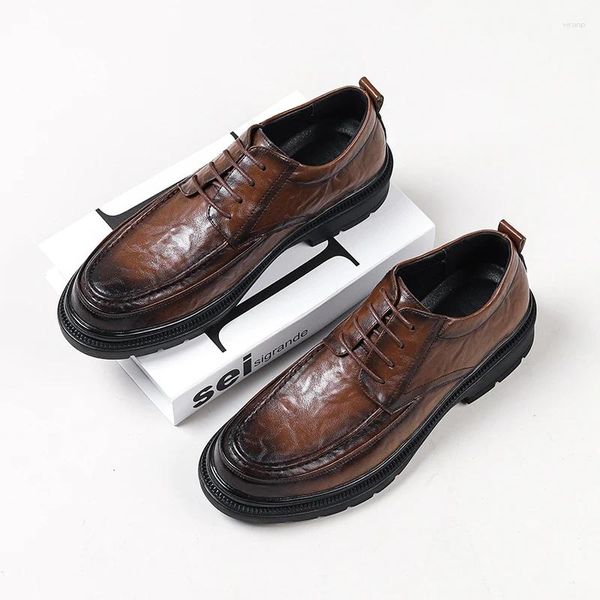 Sapatos casuais para festa de moda masculina vestidos de banquete de couro genuíno laço de laço derby sapato de estilo coreano de plataforma de plataforma respirável Chaussure