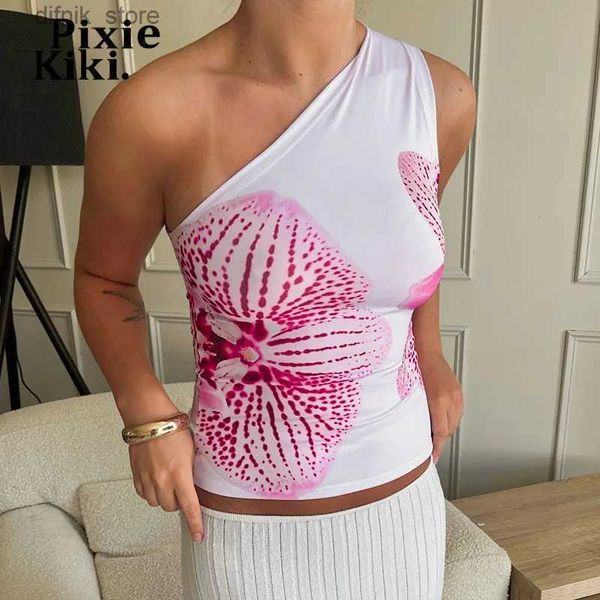Tanques femininos Camis Pixiekiki Floral Print Sticker Top Womens Resort Camiseta Gráfica T-shirt Summer 2024 ombro casual menos colete P85-AC10 Y240403