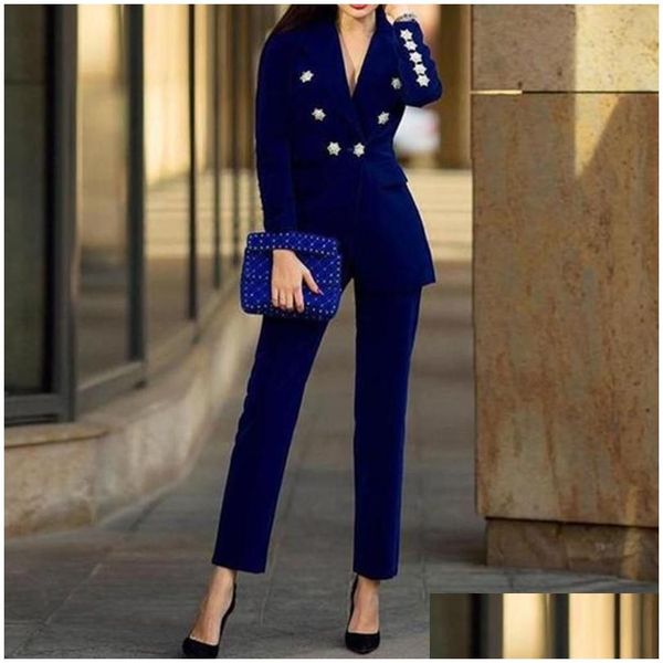 Zweiteilige Kleider Veet Sets Frauen Mode elegante Büro Damen Herbst und Winter Kausaler Blazer -Mantel Stray Royal Blue Drop Dhoru