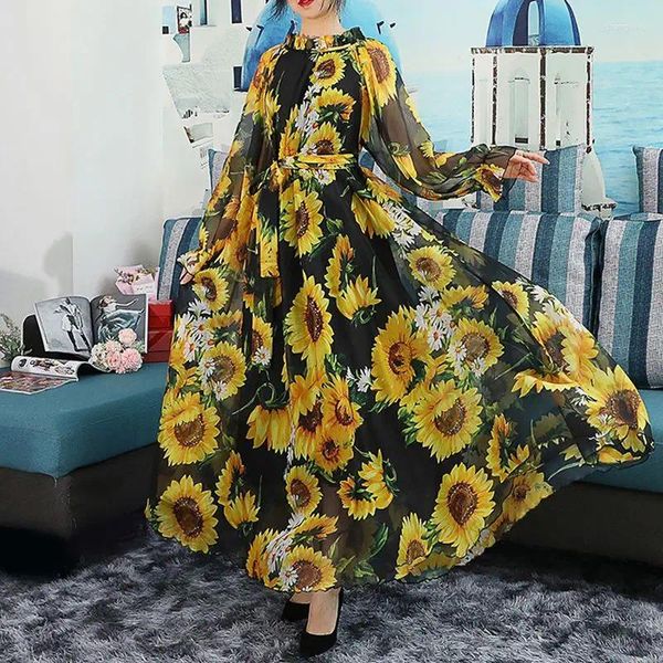 Этническая одежда 2024 Boho Beach Sunflower Print Maxi Dress Fashion Женщины Женщины с полным рукавом праздничный отпуск мусульманский путешествие po vestidos rabe