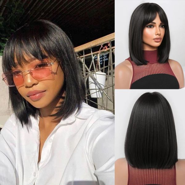 Perucas curtas bob reto Bob sintético Wig Brown Brown Wig Natural Hair Wit com franja fofa resistente ao calor