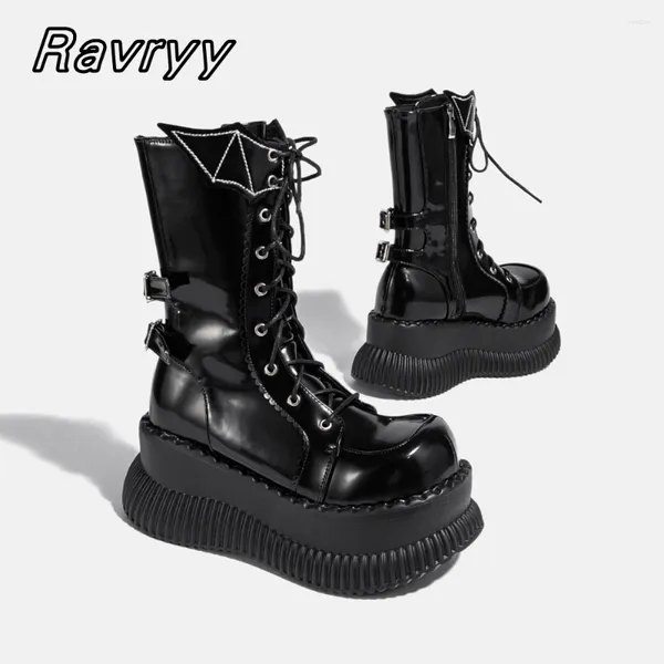 Botas retro estilo punk tanque inferior meados de bezerro motocicleta preto metal cinto fivela legal menina sapatos dedo do pé redondo brilhante sexy mulheres