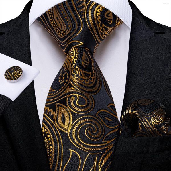 Bow Binds Elegant Golden Black Paisley Herren 8cm Krawatten -Set -Taschentuch -Taschentuch Cufflinks Hochzeitsfeier Zubehör Geschenk für Ehemann Bräutigam Großhandel