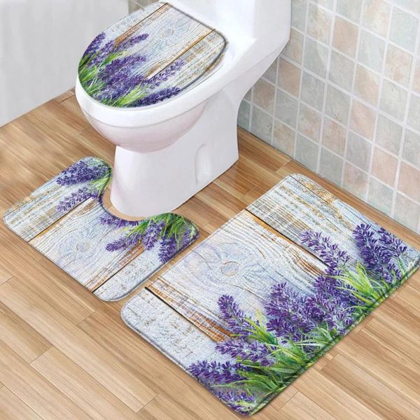 Badmatten Lavendelmatte Set Nature Landschaft Blumen schöne lila Blüten Low-Stapel-Gedächtnisschaum-Toilettenabdeckung U-förmiger Teppich