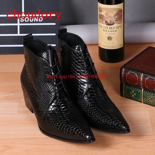 Botas de moda Design de moda Black Snake Skin Leather Botas Militares pontudas de calcanhar alto