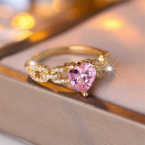 2pcs anéis de casamento elegante rosa cristal coração anel de pedra romântico amor coração anéis para mulheres delicadas cor de casamento colorido boho jóias