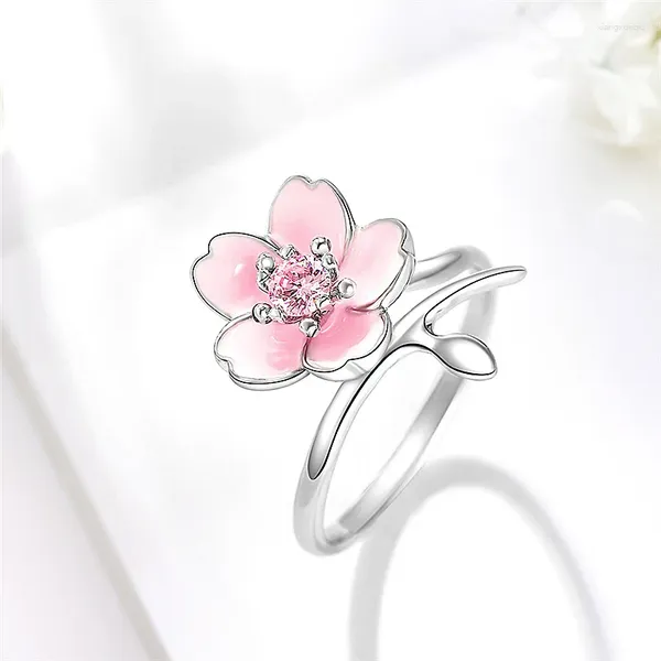 Кластерные кольца 925 Стерлинговое серебряное цветочное покрытие Элегантное вишневое цветение сладко открыто для женской девочки.