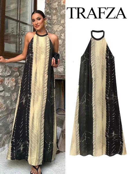 Trafza Yaz Moda Kadın Baskılı Yular Boyun Elbise Vintage kolsuz kravat ön gevşek kadın MIDI Elegant Party 240403