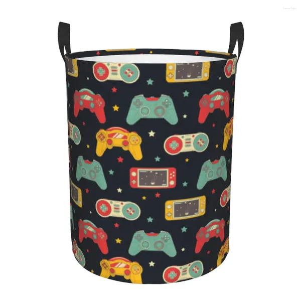 Sacos de lavanderia dobrável cesta vídeo game controlador padrão redondo armazenamento bin grande cesto dobrável roupas balde organizador