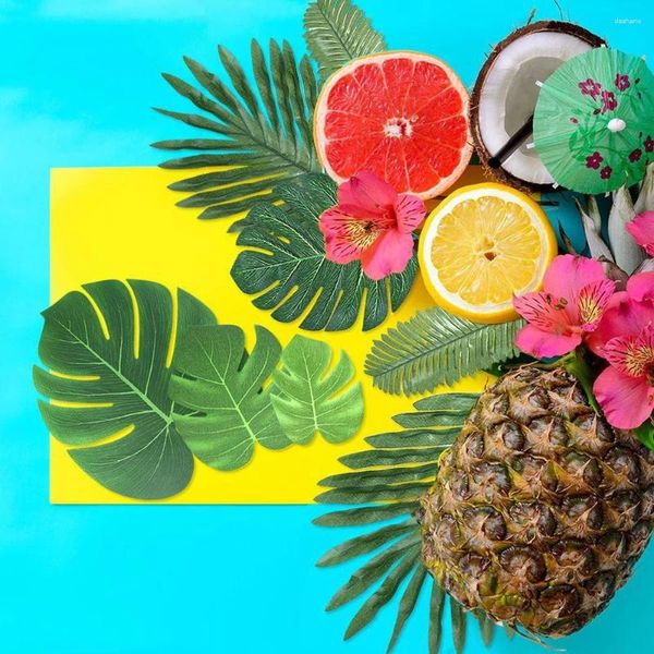 Dekorative Blumen 6 Art Künstliche Palmblätter 90pcs Jungle Realistische falsche Pflanzendekorationen für Strand Babyparty Hochzeits Geburtstagdekora