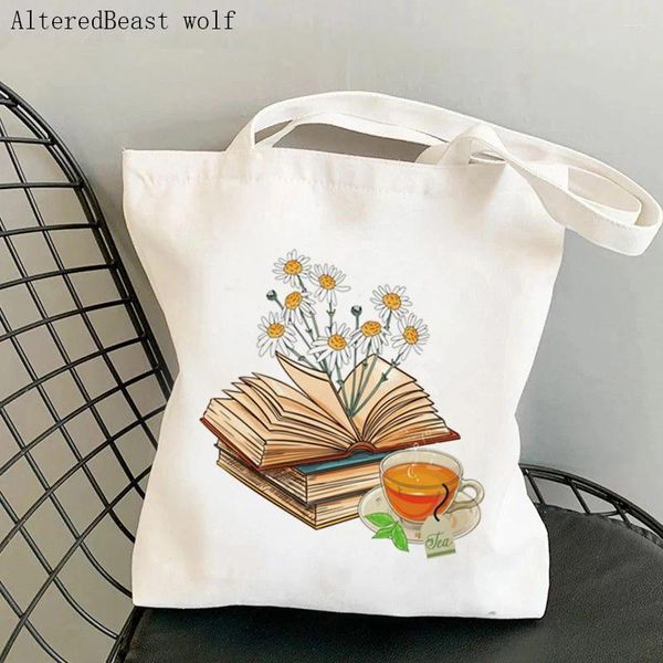 Einkaufstaschen Frauen Handtasche Tasche Blumige Bücher Und Tee Gedruckt Cartoon Harajuku Leinwand Mädchen Shopper Tote Schulter Dame