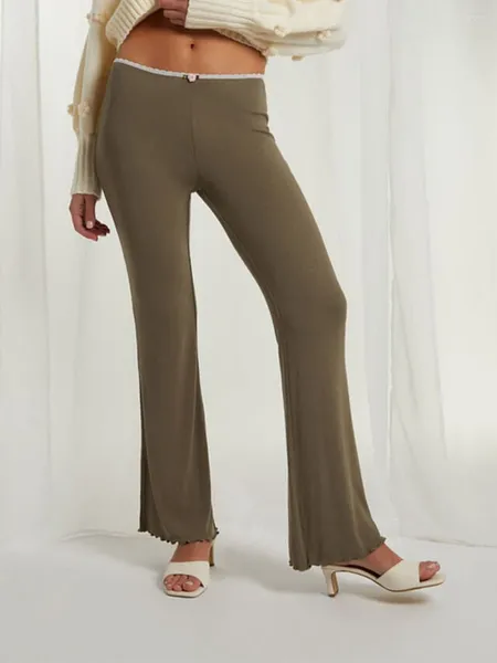 Calças femininas casuais flare para senhoras cintura média calças de cor sólida mulheres alface guarnição bell-bottoms