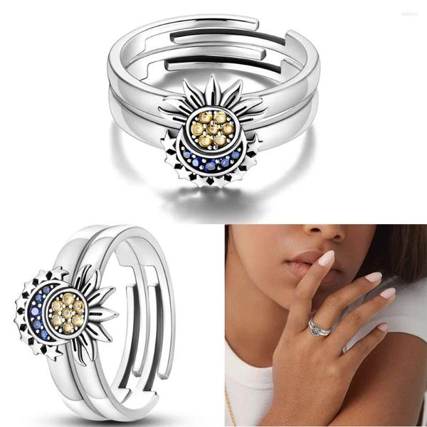 Cluster Ringe 925 Silber Überzogene Riyue Ring Für Frauen Sonne Und Mond Mode Original Stern Schmuck Paar Liebhaber Geschenke