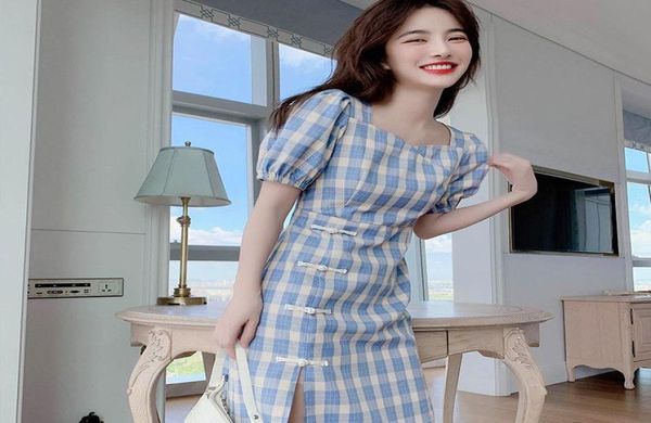 Abbigliamento etnico moderno abito Qipao alta spaccatura sexy gonna a maniche corte a maniche corte 2021 estate retrò blu plaid tunica abito cheongsam allentato6104648