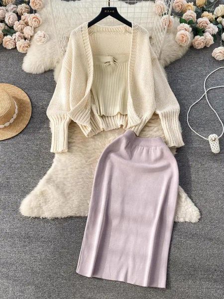 Abiti da lavoro vintage set a tre pezzi Donne Sweet Knit Cardigan Magione Trota senza spalline ed elastico Spavo di gonna ad alta split con vita alta