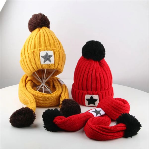 Accessori 48 anni Cappello per bambini e sciarpa Set Set Autumn and Winter Kids Boys and Girls Wool Cappello 2 pezzi Set KF495