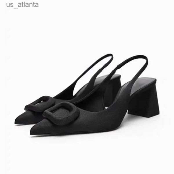 Отсуть обувь Traf Women Black High Heels 2024 Летнее квадратное кольцо заостренное носок на пленках Slingback Sumps Chassics каблук для H240403